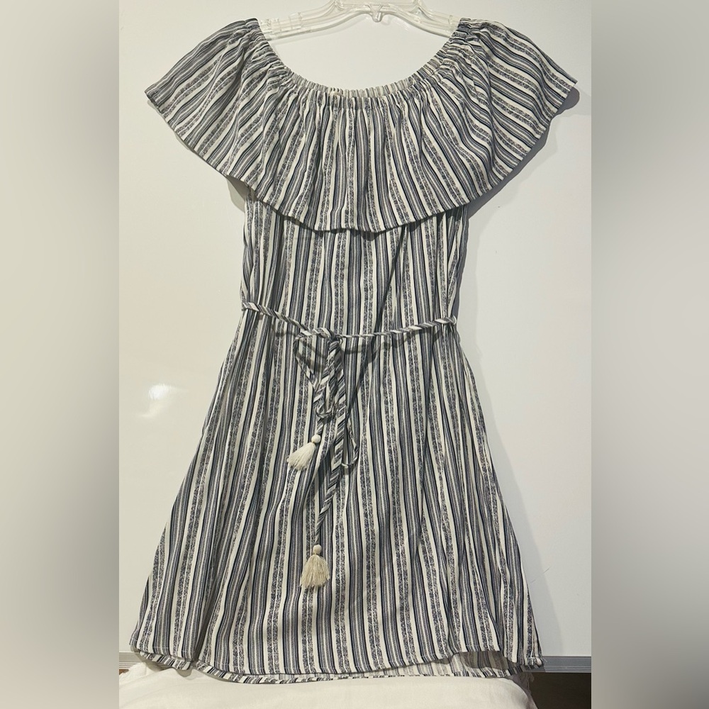 WOMENS HAWAIIAN TROPIC BLUE WHITE STRIPED OFF THE SHOULDER SMALL SUNDRESS BEACH